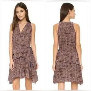 Derek Lam 100% silk tiered patterned dress with side tassel. Size 4